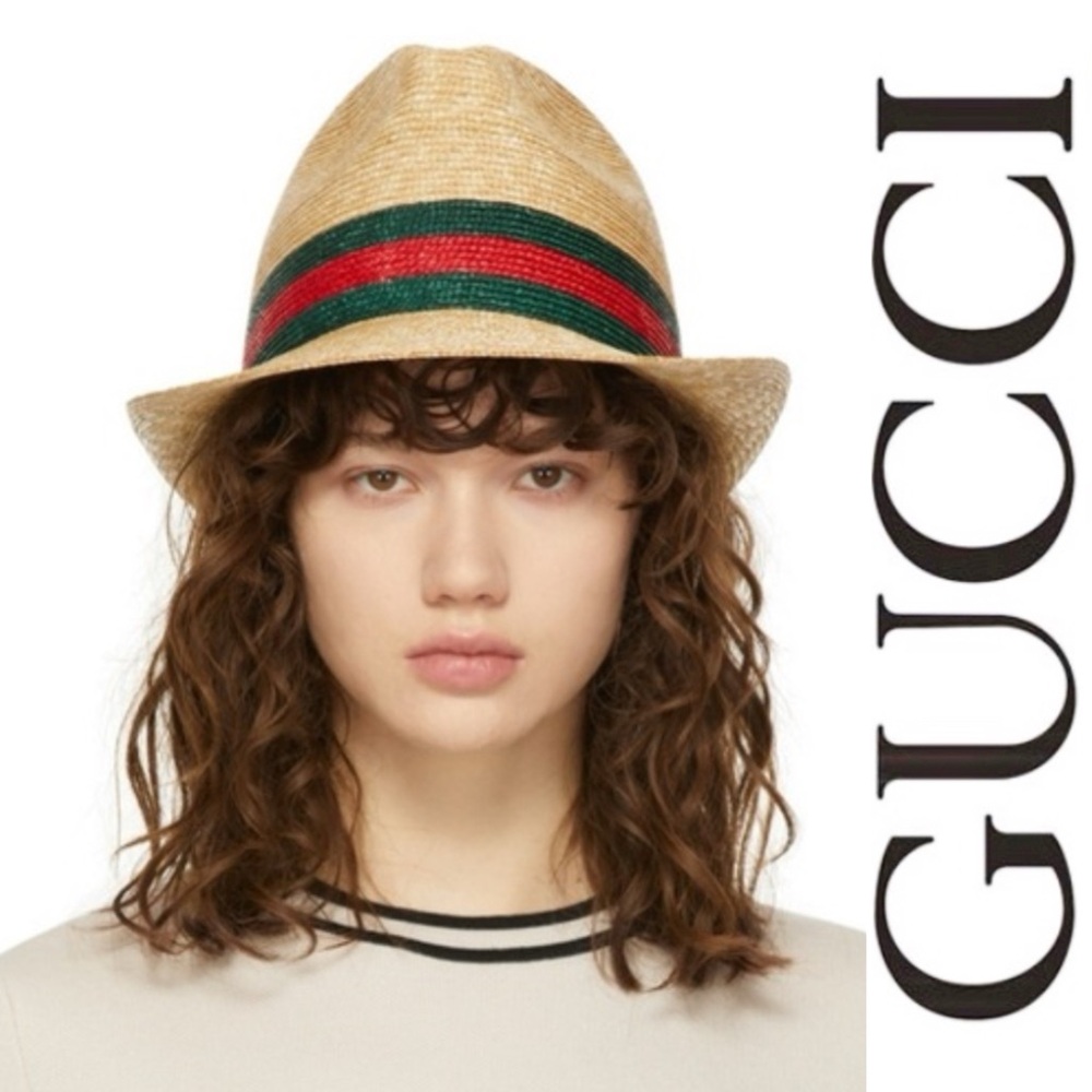 Gucci Abaca Straw Web Fedora hat with signature green and red band*NWT